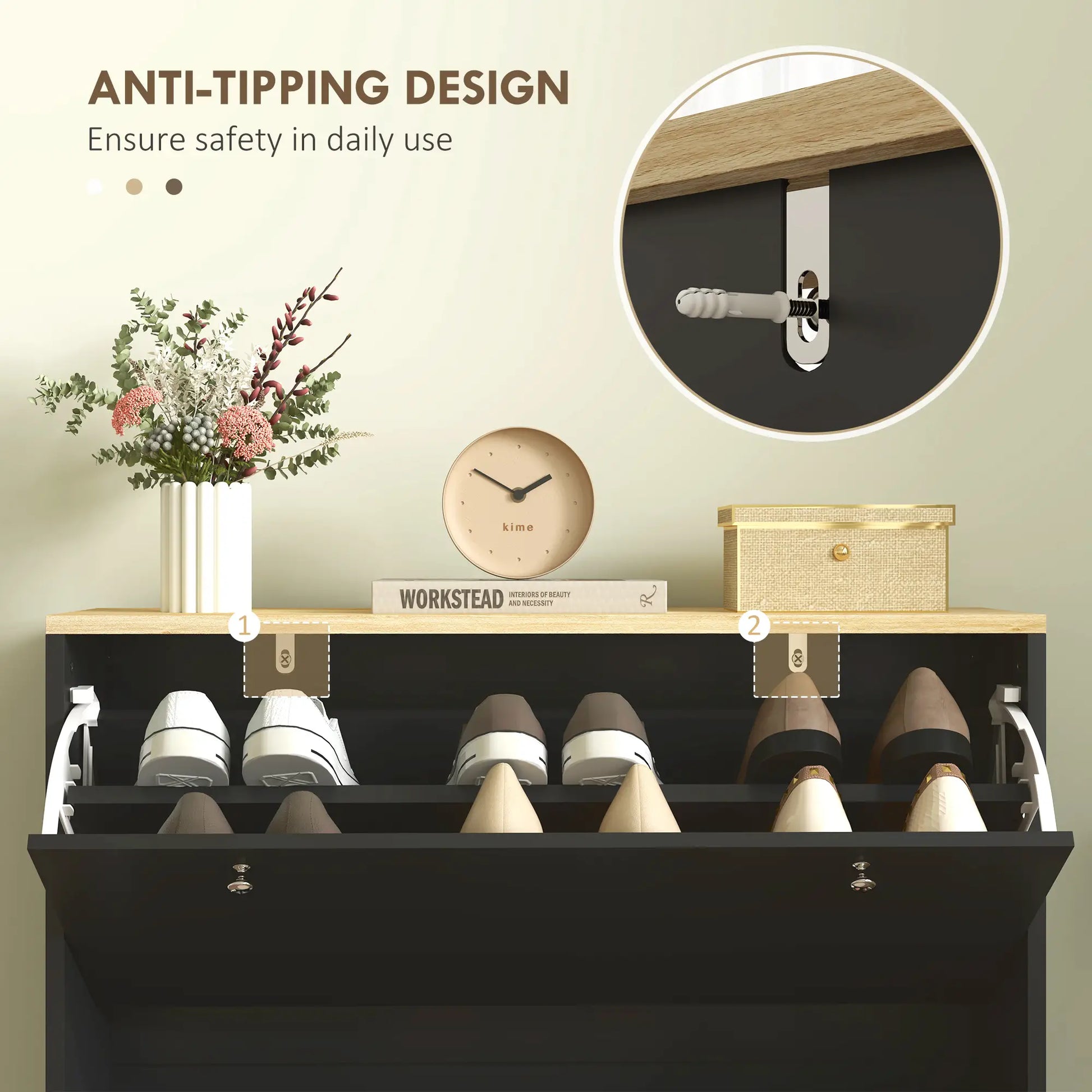 2 Drawers Shoe Storage Cabinet, Adjustable Shelves, 16 Pairs, Black Shoe Storage Cabinets & Racks at Gallery Canada