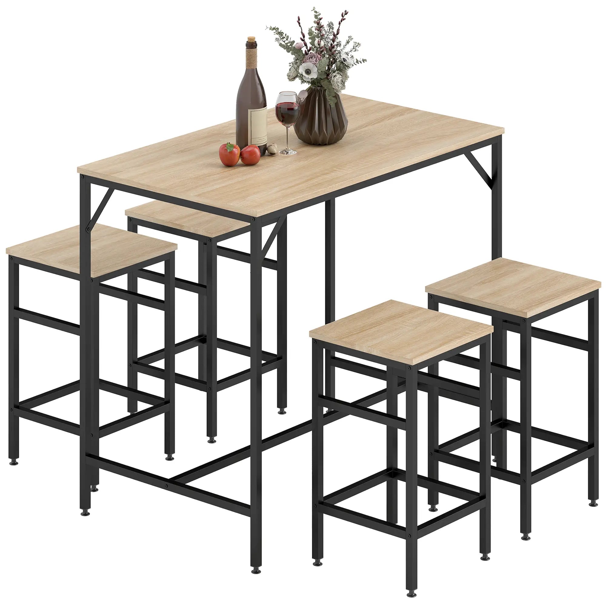 5-Piece Industrial Rectangular Bar Table Set, 4 Stools, Oak Bar Sets Black, Oak at Gallery Canada