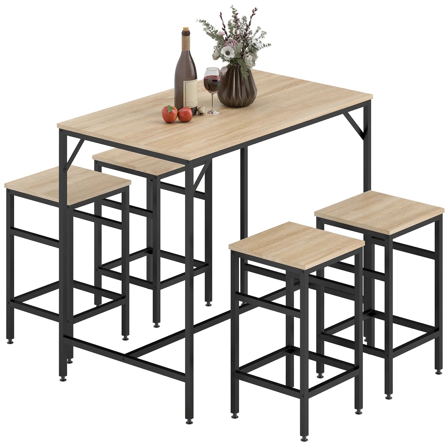 5-Piece Industrial Rectangular Bar Table Set, 4 Stools, Oak Bar Sets Black, Oak at Gallery Canada