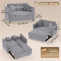 52" Velvet Sofa Bed, Pull Out Sleeper, USB Ports, Dark Grey