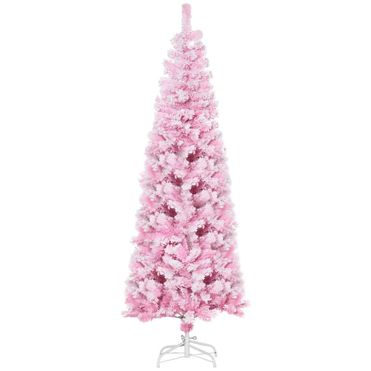 6 FT Snow Flocked Artificial Christmas Tree, Pencil, Pink Artificial Christmas Trees Pink, White at Gallery Canada