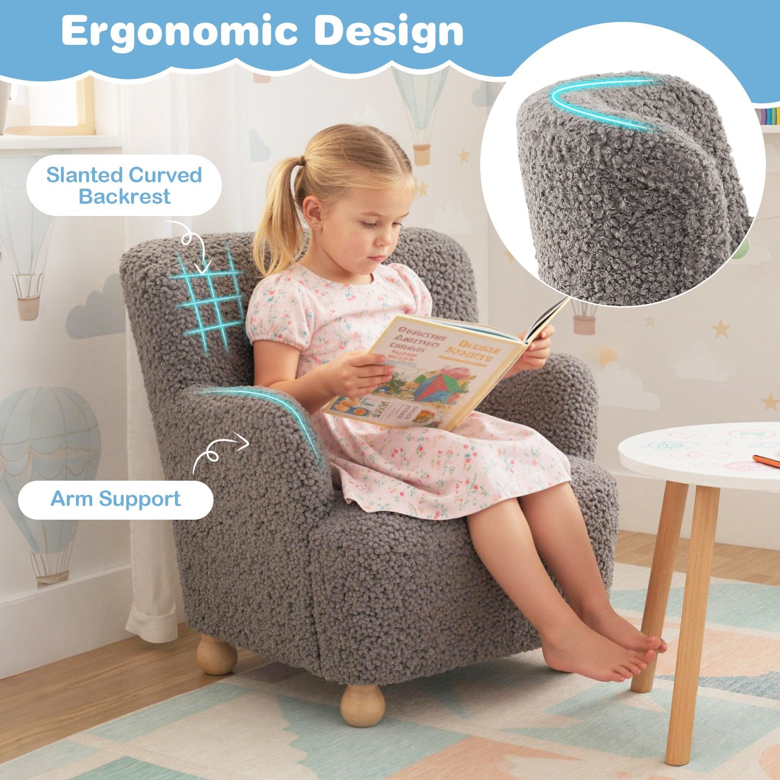 Sherpa Kids Sofa Comfy Toddler Armchair with Solid Rubber Wood Legs, Silver Kids Chairs & Seating at Gallery Canada