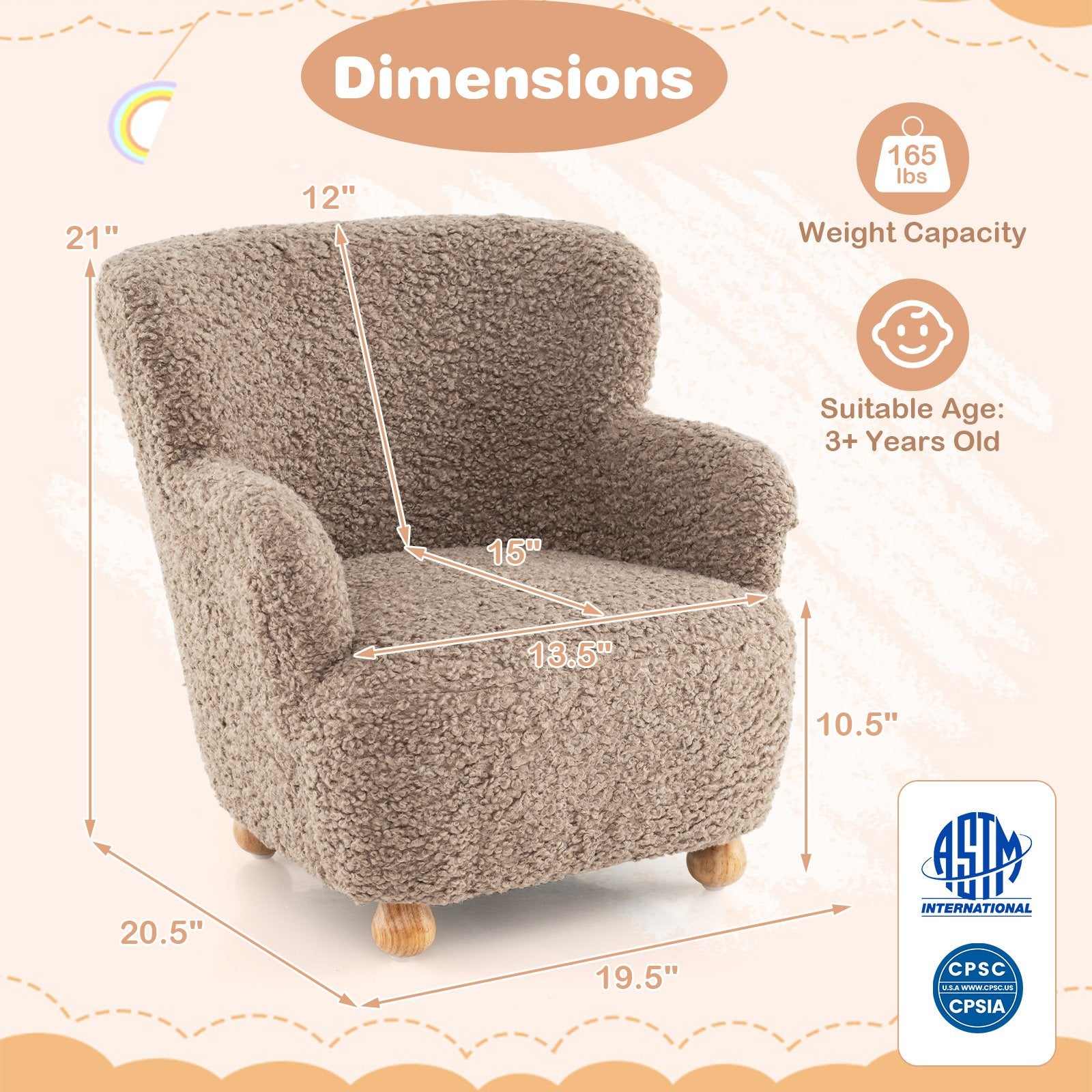Sherpa Kids Sofa Comfy Toddler Armchair with Solid Rubber Wood Legs, Brown Kids Chairs & Seating at Gallery Canada