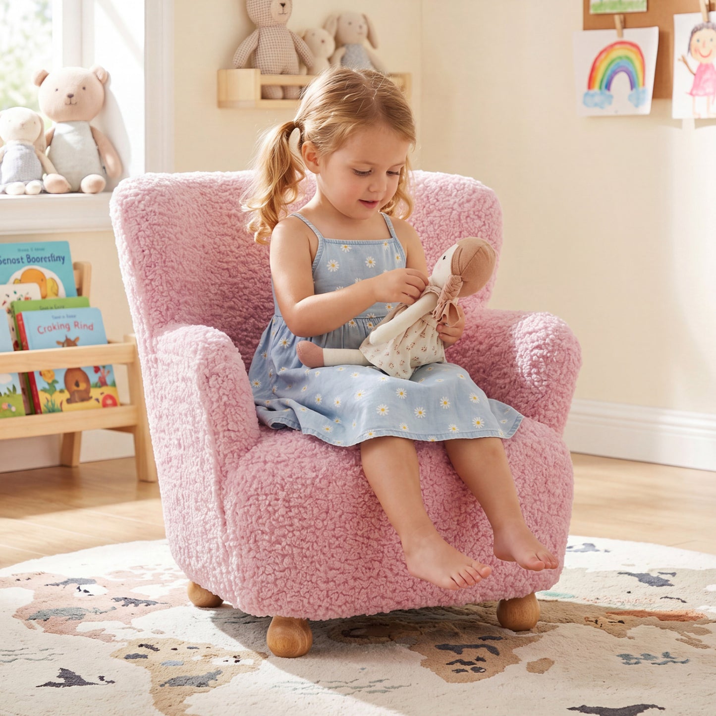 Sherpa Kids Sofa, Comfy Toddler Armchair, Light Pink