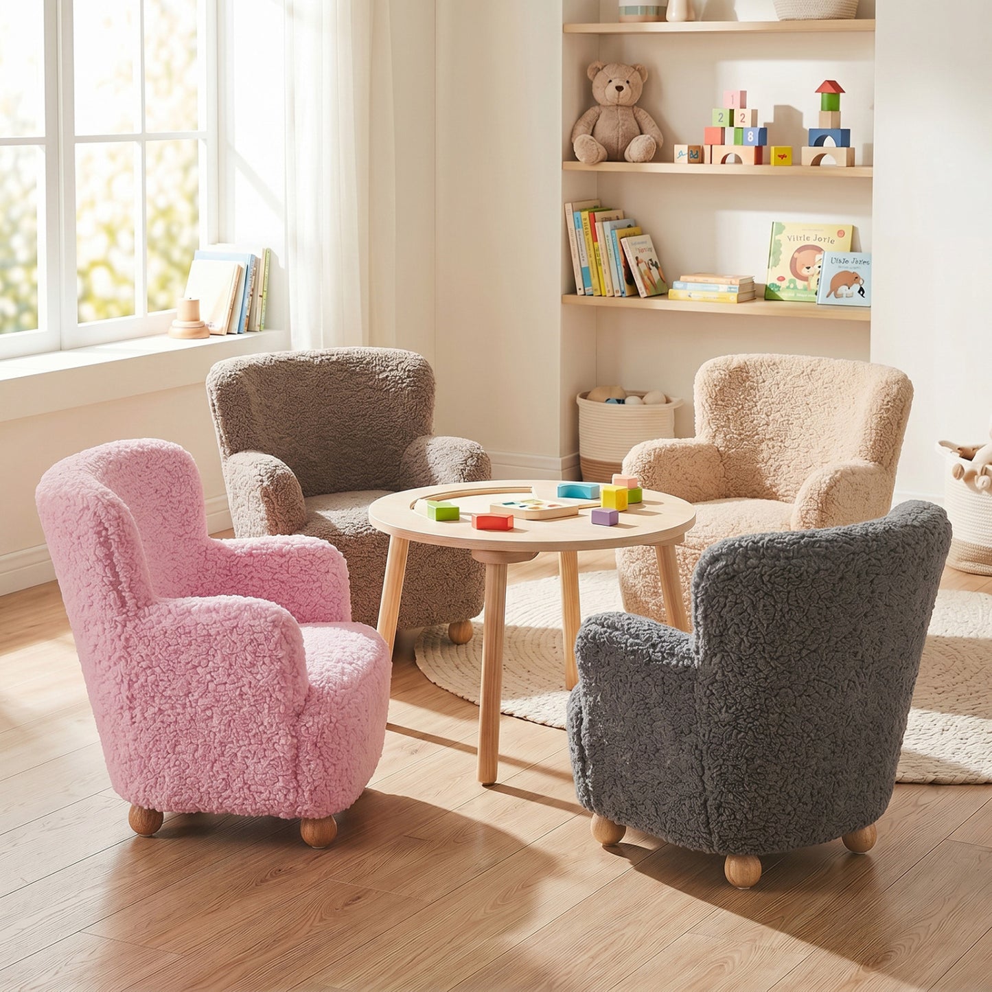 Sherpa Kids Sofa, Comfy Toddler Armchair, Light Pink