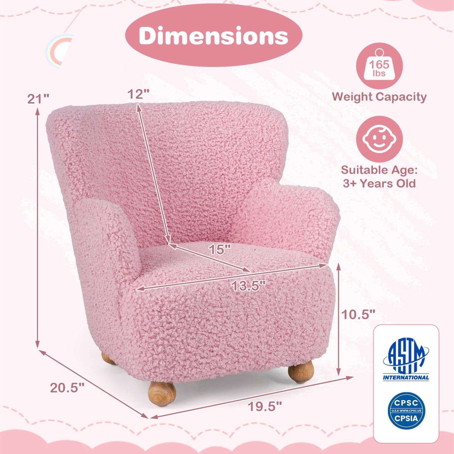 Sherpa Kids Sofa, Comfy Toddler Armchair, Light Pink