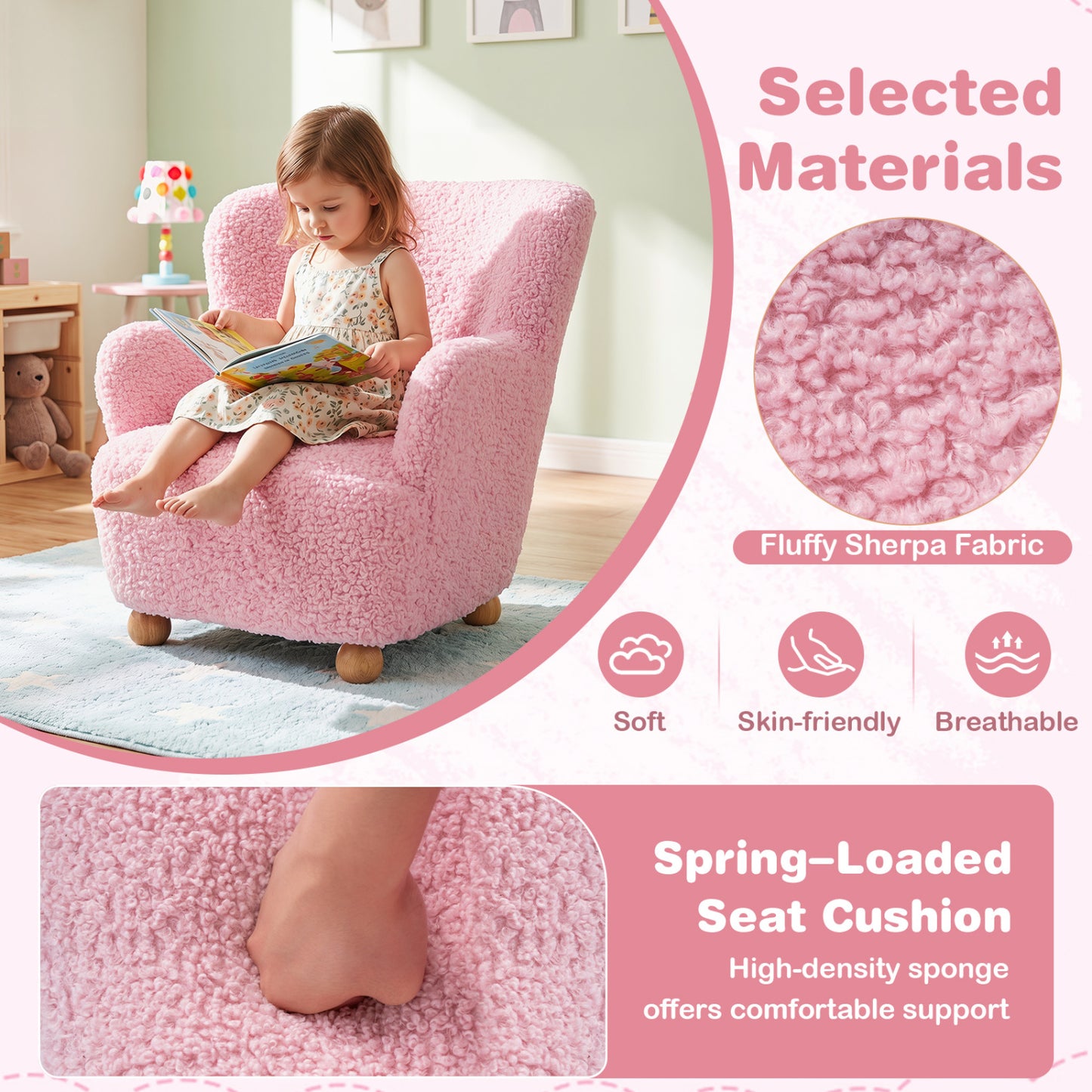 Sherpa Kids Sofa, Comfy Toddler Armchair, Light Pink