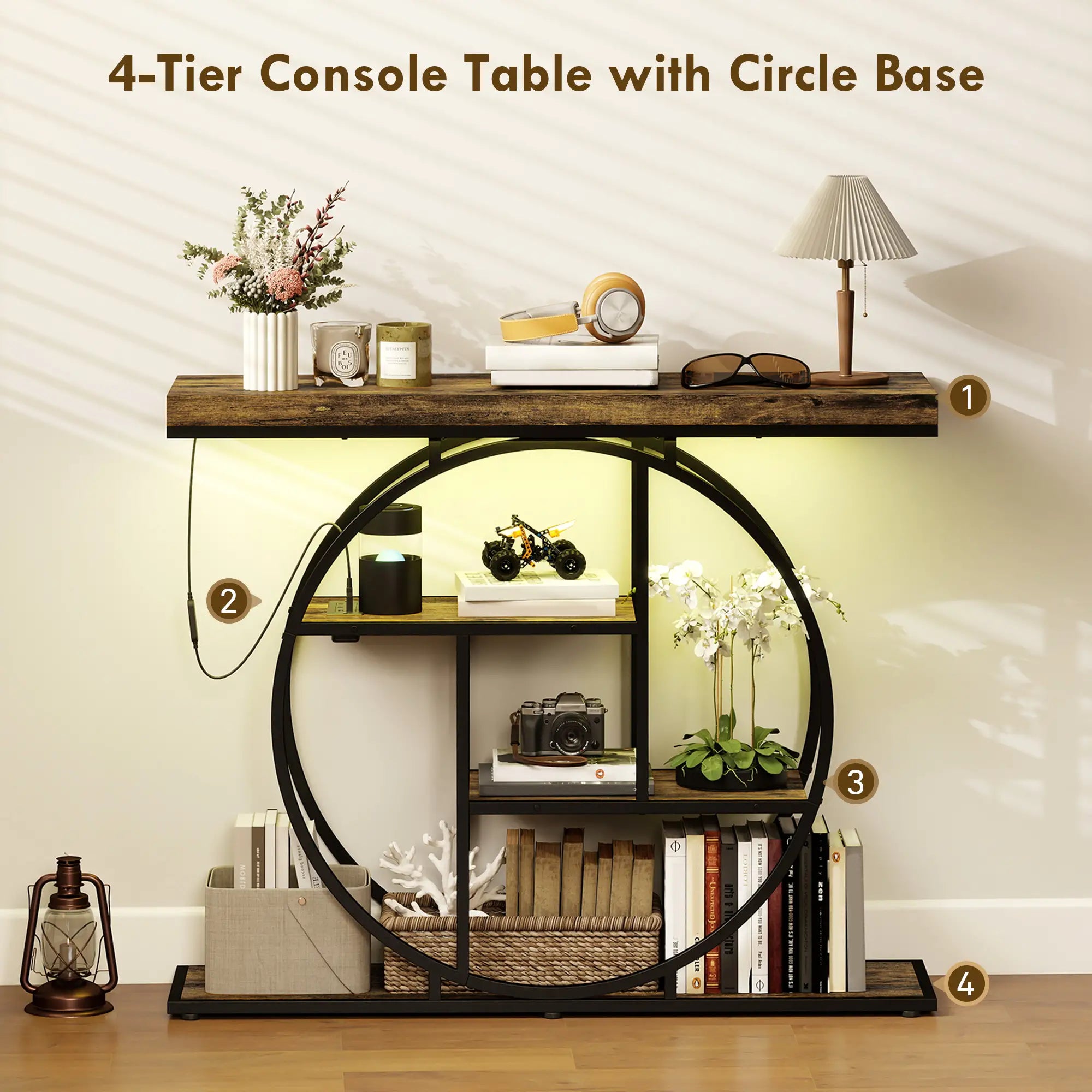 4-Tier Console Table With Charging Station, LED Lights, 39