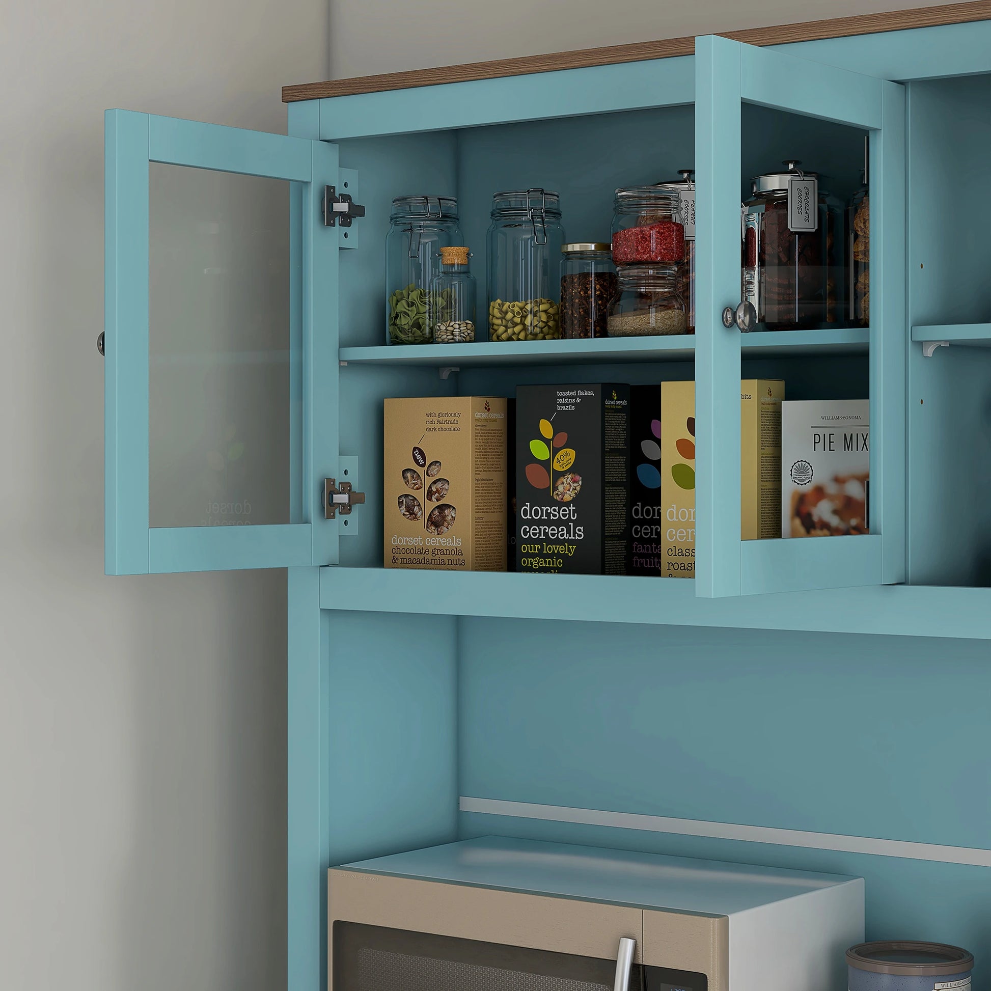 71" Pantry Cabinet with Microwave Space, Buffet Hutch, 2 Drawers, Adjustable Shelves, Glass Doors, Blue Kitchen Pantry Cabinets at Gallery Canada