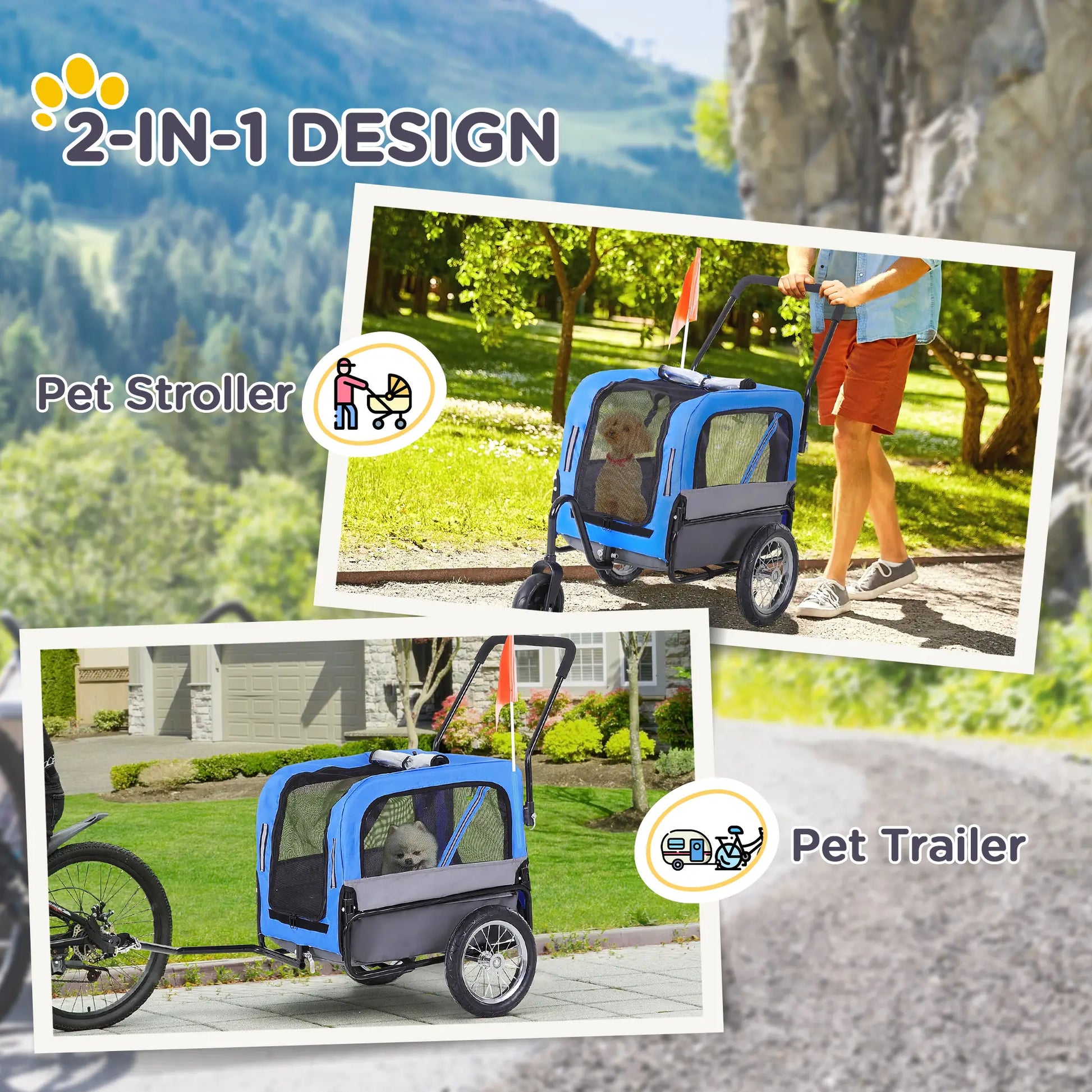 Dog Bike Trailer 2-In-1 Pet Stroller Cart Bicycle Wagon Cargo Carrier Attachment for Travel with 360 Swivel Wheel, Hitch, Suspension, Safety Flag, Blue Dog Bike Trailers & Strollers at Gallery Canada