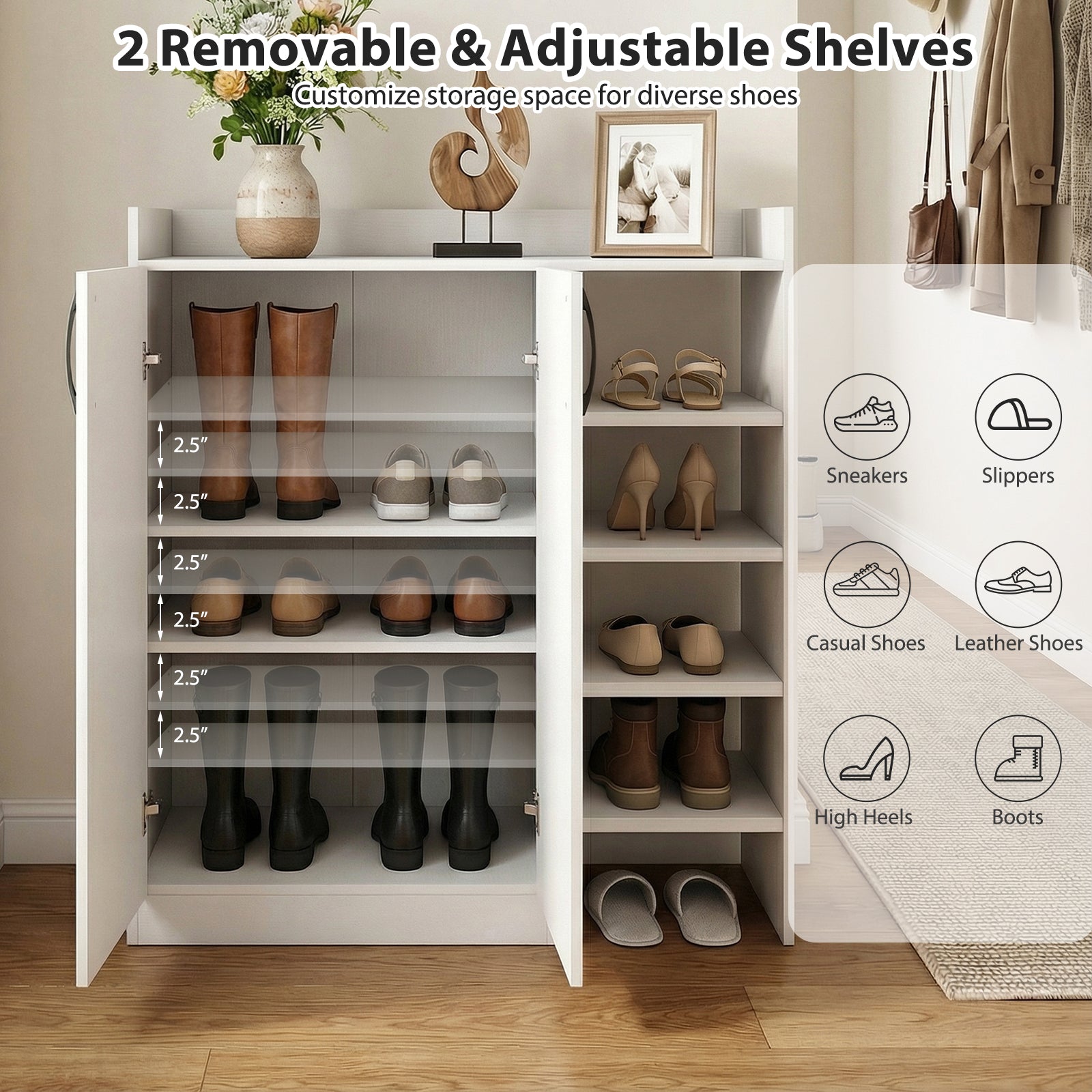 Shoe Cabinet with 2 Doors Shoe Storage Organizer with 2 Adjustable Inner Shelves, White Shoe Racks & Storage Benches at Gallery Canada