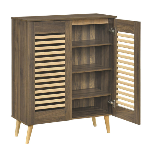 Shoe Cabinet with Louvered Doors and Removable Shelves, Walnut