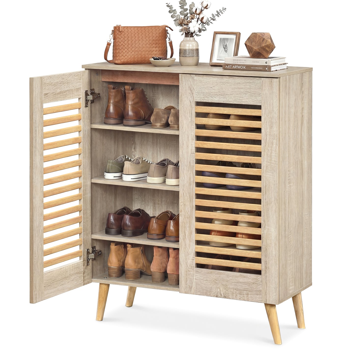Shoe Cabinet with Louvered Doors and Removable Shelves, Natural Shoe Racks & Storage Benches at Gallery Canada