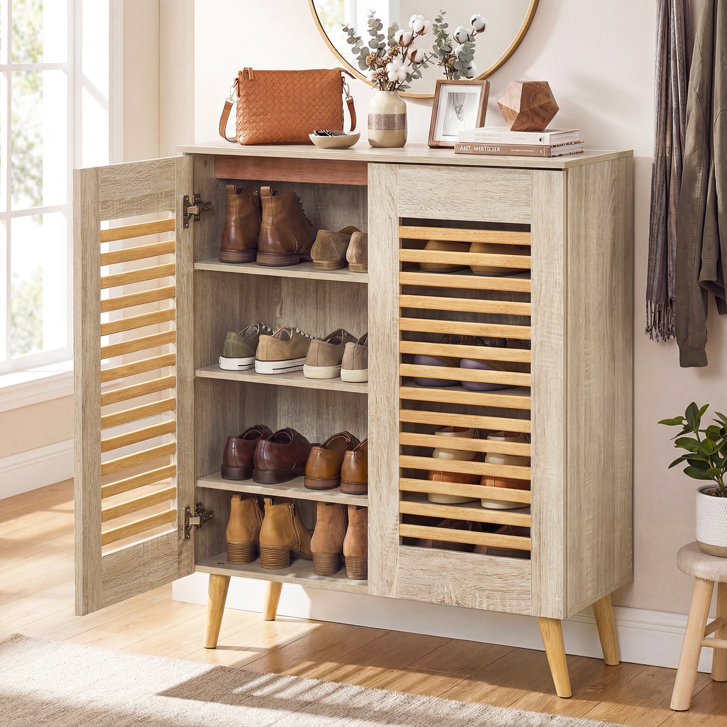 Shoe Cabinet with Louvered Doors and Removable Shelves, Natural Shoe Racks & Storage Benches at Gallery Canada