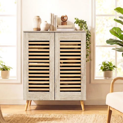 Shoe Cabinet with Louvered Doors and Removable Shelves, Natural