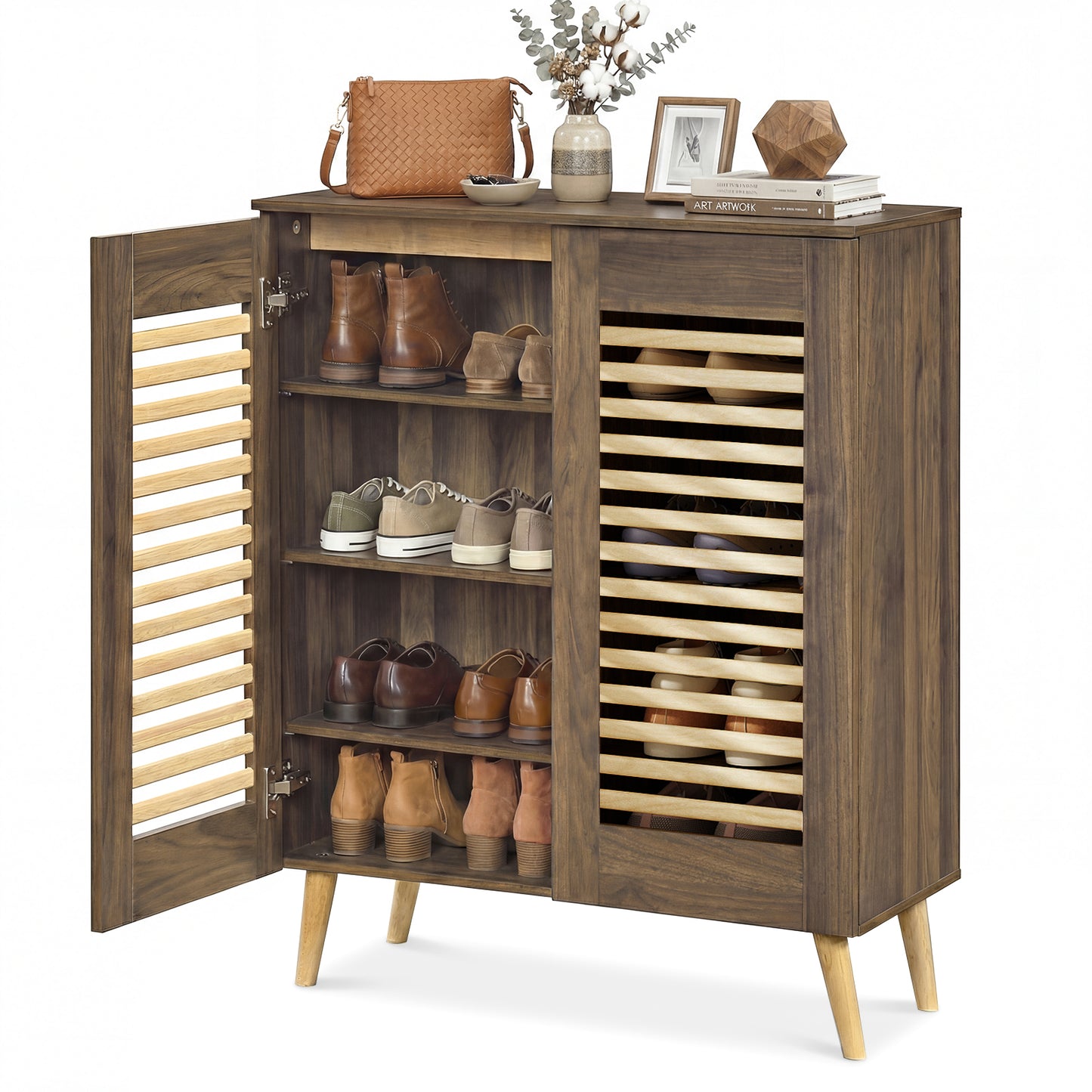 Shoe Cabinet with Louvered Doors and Removable Shelves, Walnut Shoe Racks & Storage Benches at Gallery Canada