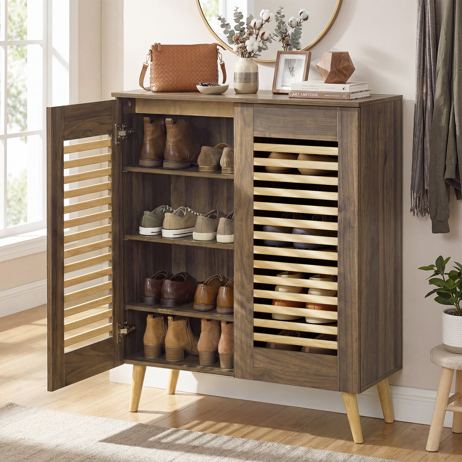 Shoe Cabinet with Louvered Doors and Removable Shelves, Walnut Shoe Racks & Storage Benches at Gallery Canada