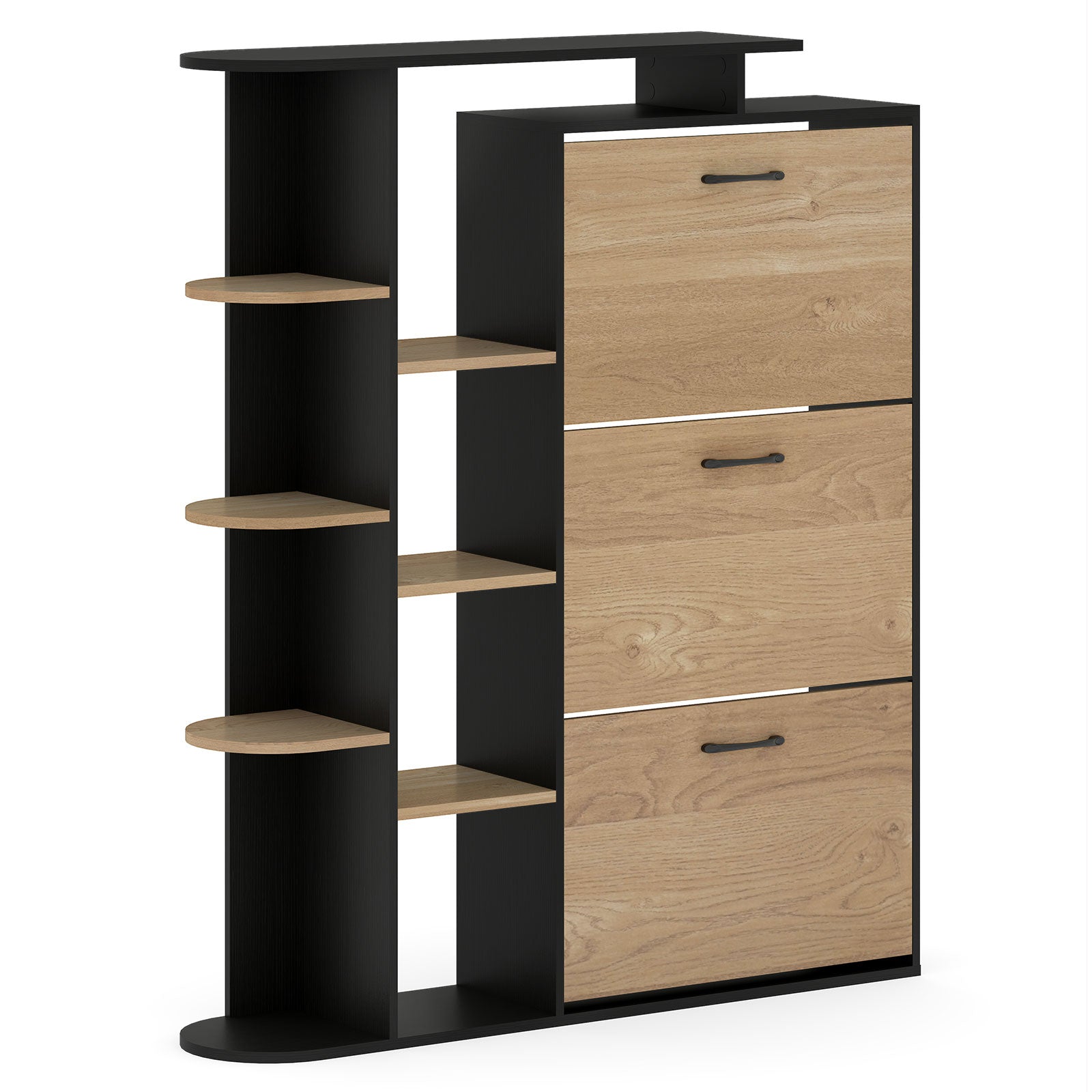 Shoe Cabinet with Open Shelves Modern Shoe Organizer with 3 Flip Drawers, Black Shoe Racks & Storage Benches at Gallery Canada