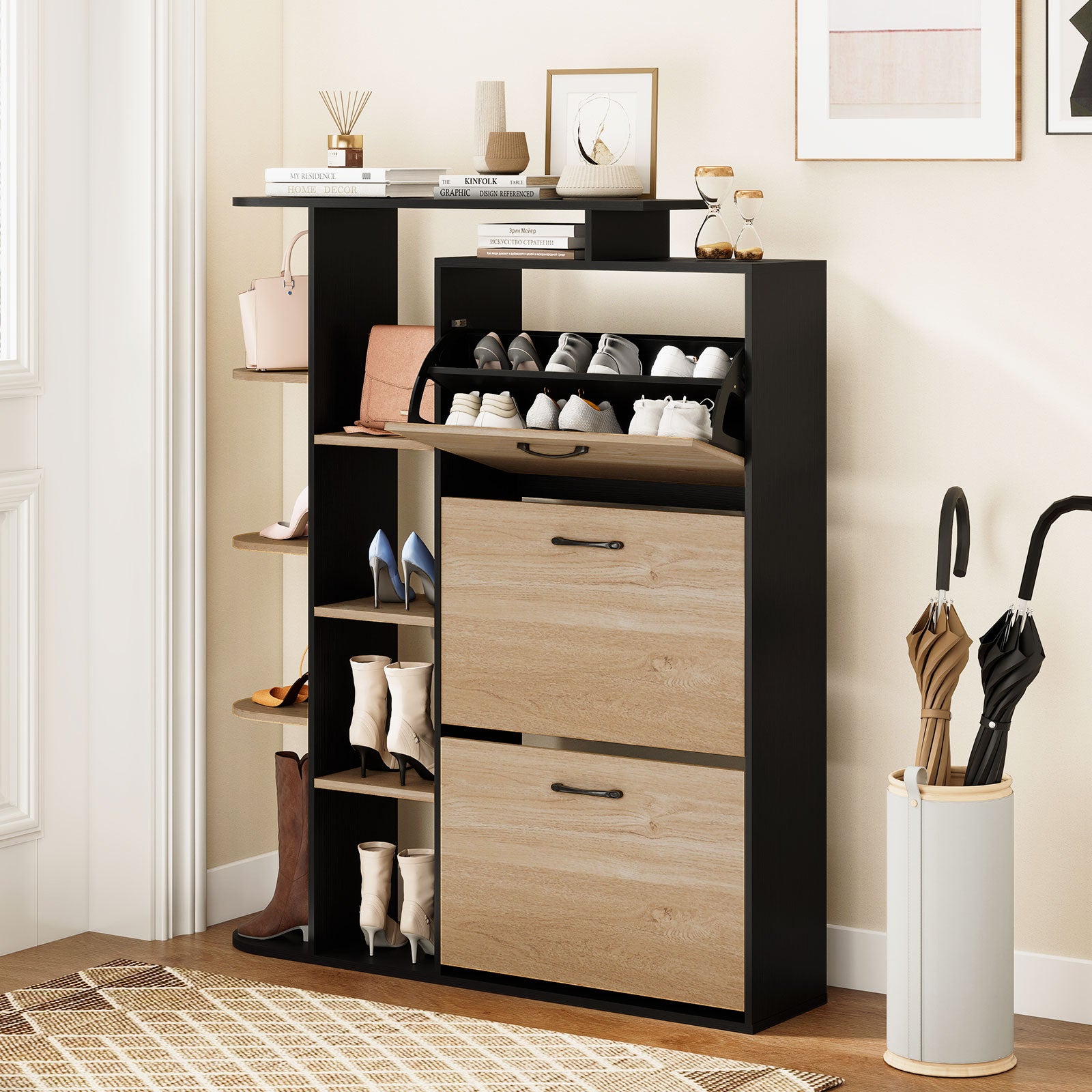 Shoe Cabinet with Open Shelves Modern Shoe Organizer with 3 Flip Drawers, Black Shoe Racks & Storage Benches at Gallery Canada