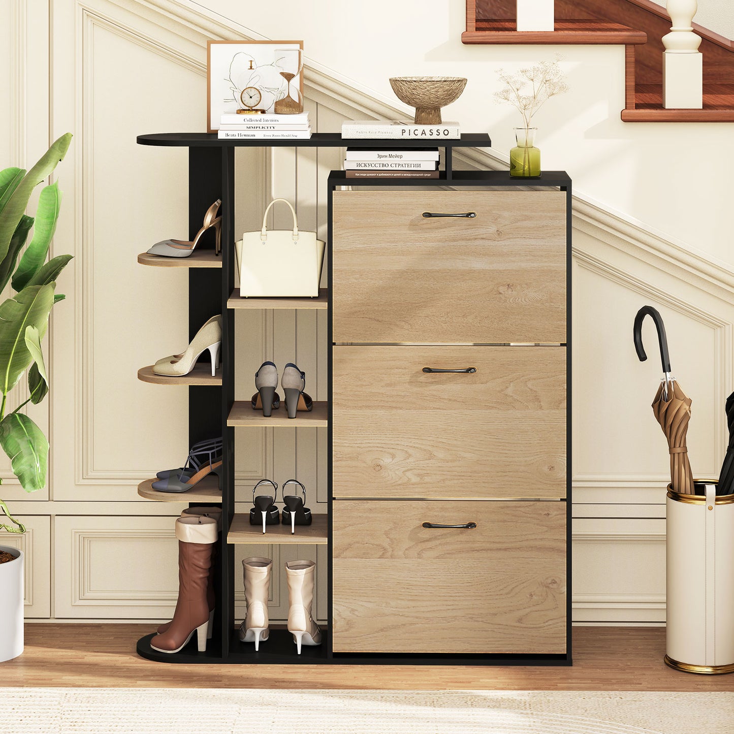 Shoe Cabinet with Open Shelves Modern Shoe Organizer with 3 Flip Drawers, Black Shoe Racks & Storage Benches at Gallery Canada