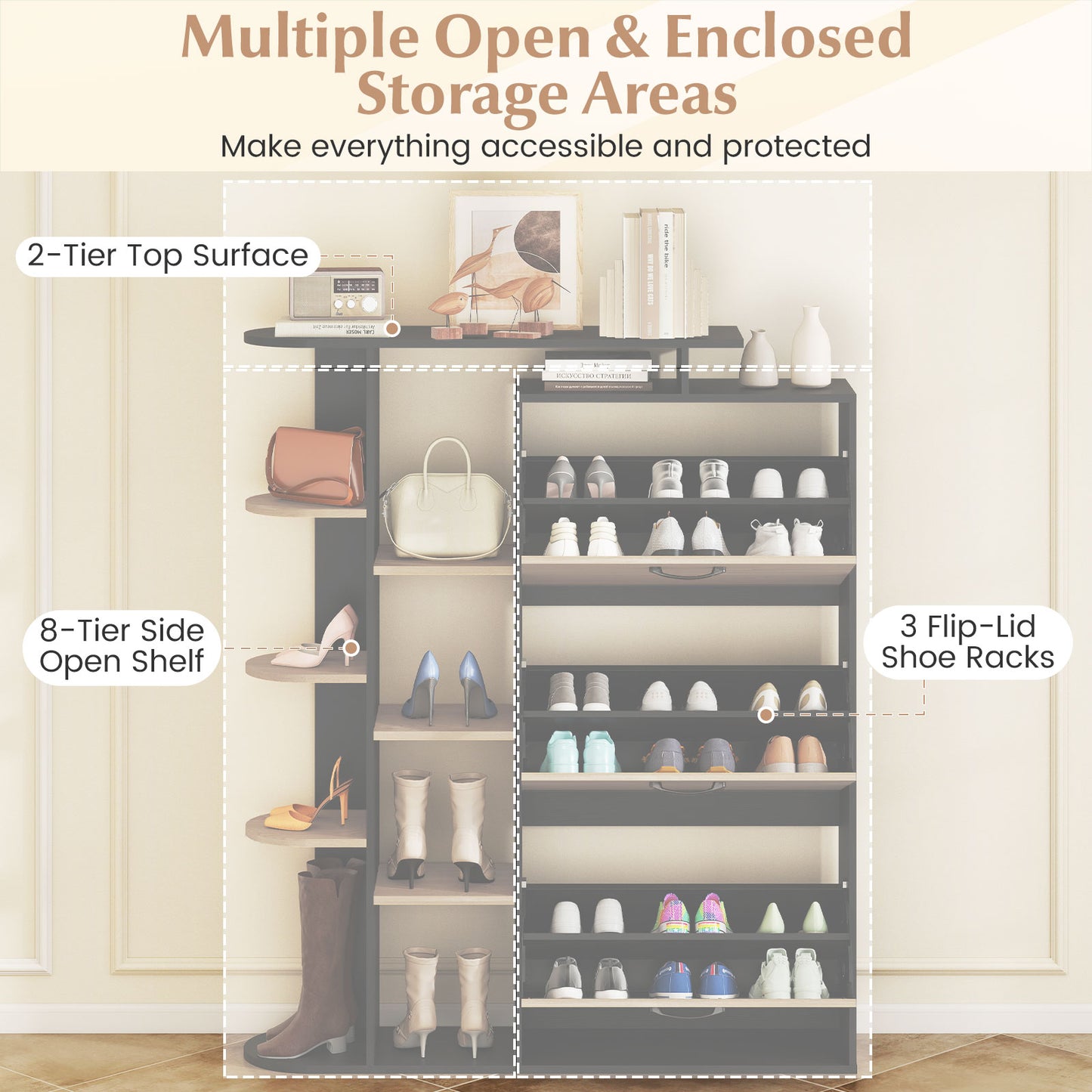 Shoe Cabinet with Open Shelves Modern Shoe Organizer with 3 Flip Drawers, Black Shoe Racks & Storage Benches at Gallery Canada
