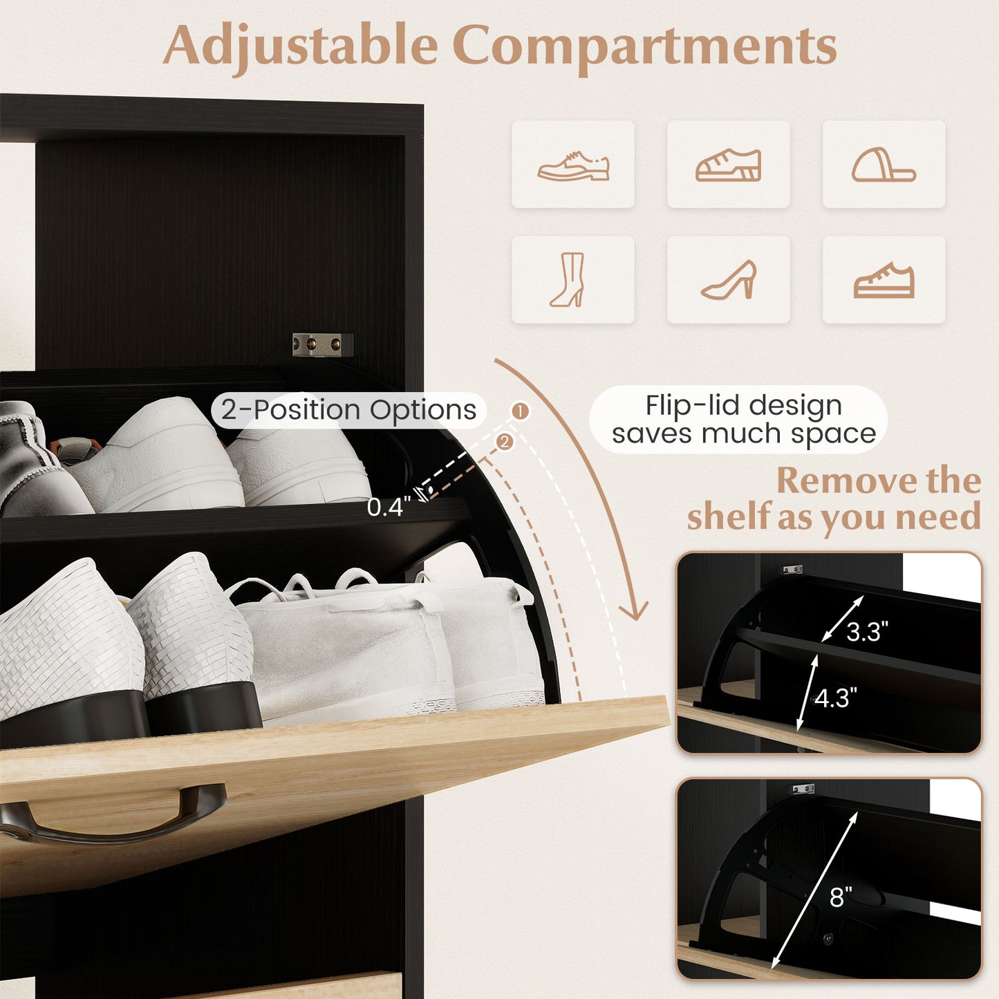 Shoe Cabinet with Open Shelves Modern Shoe Organizer with 3 Flip Drawers, Black Shoe Racks & Storage Benches at Gallery Canada