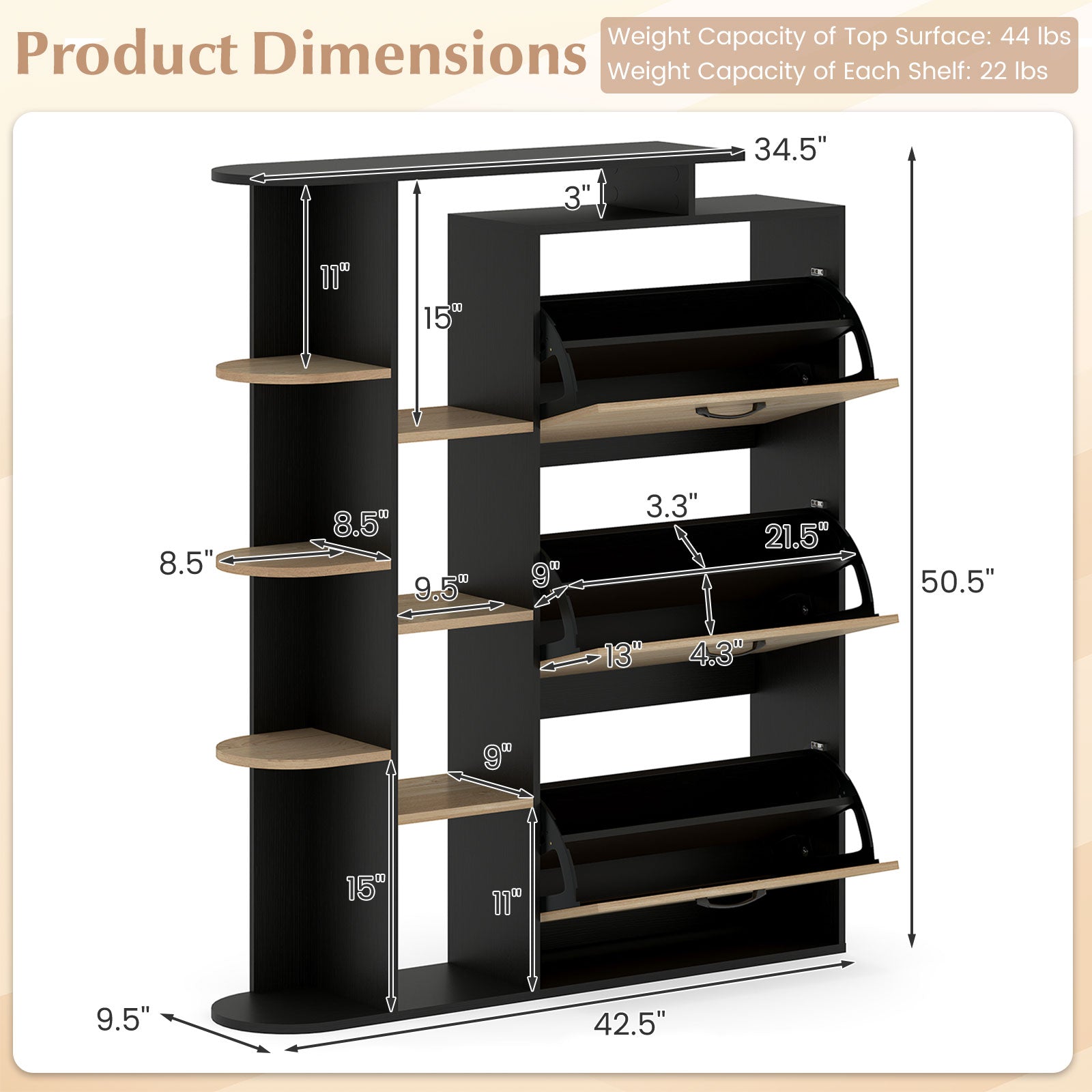 Shoe Cabinet with Open Shelves Modern Shoe Organizer with 3 Flip Drawers, Black Shoe Racks & Storage Benches at Gallery Canada