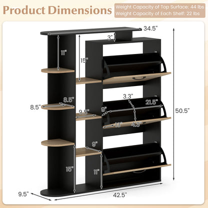 Shoe Cabinet with Open Shelves Modern Shoe Organizer with 3 Flip Drawers, Black Shoe Racks & Storage Benches at Gallery Canada