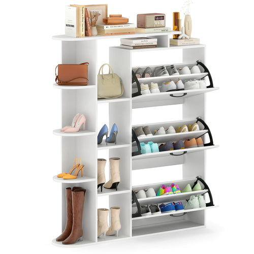 Shoe Cabinet with Open Shelves Modern Shoe Organizer with 3 Flip Drawers, White