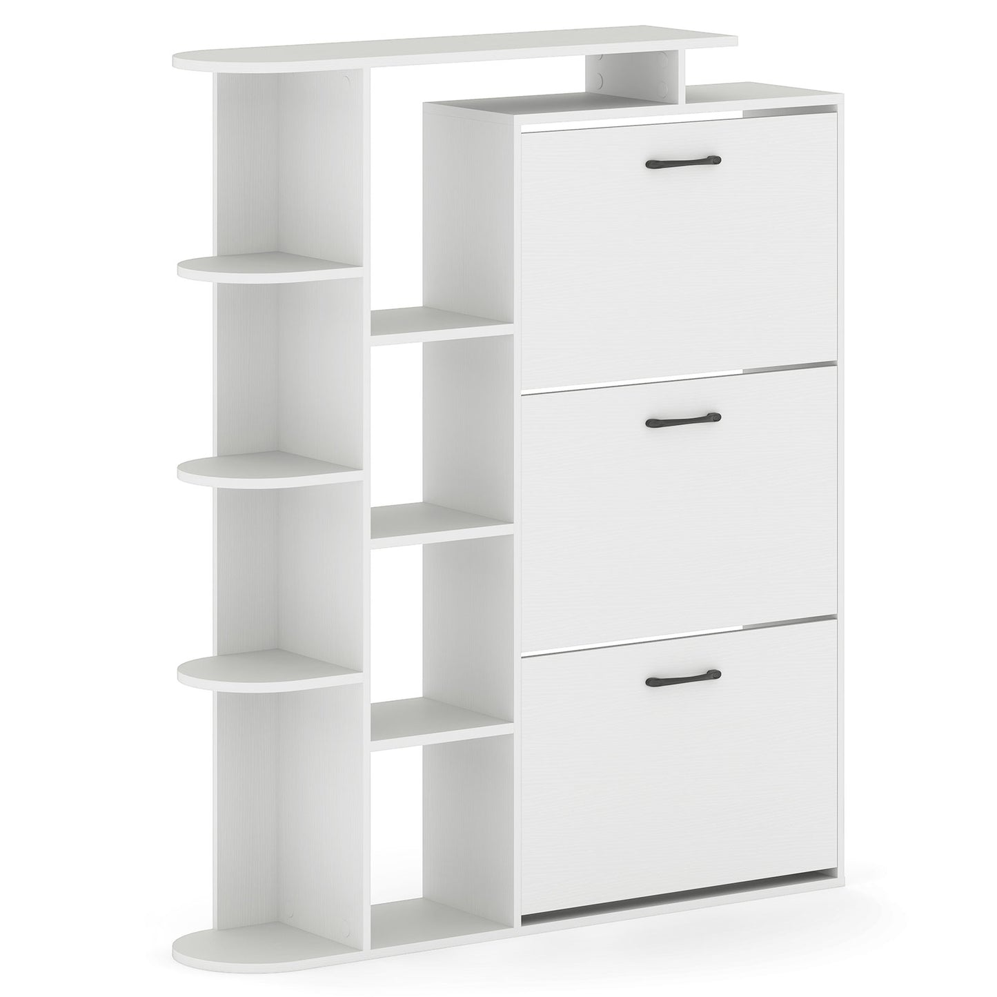 Shoe Cabinet with Open Shelves Modern Shoe Organizer with 3 Flip Drawers, White Shoe Racks & Storage Benches at Gallery Canada