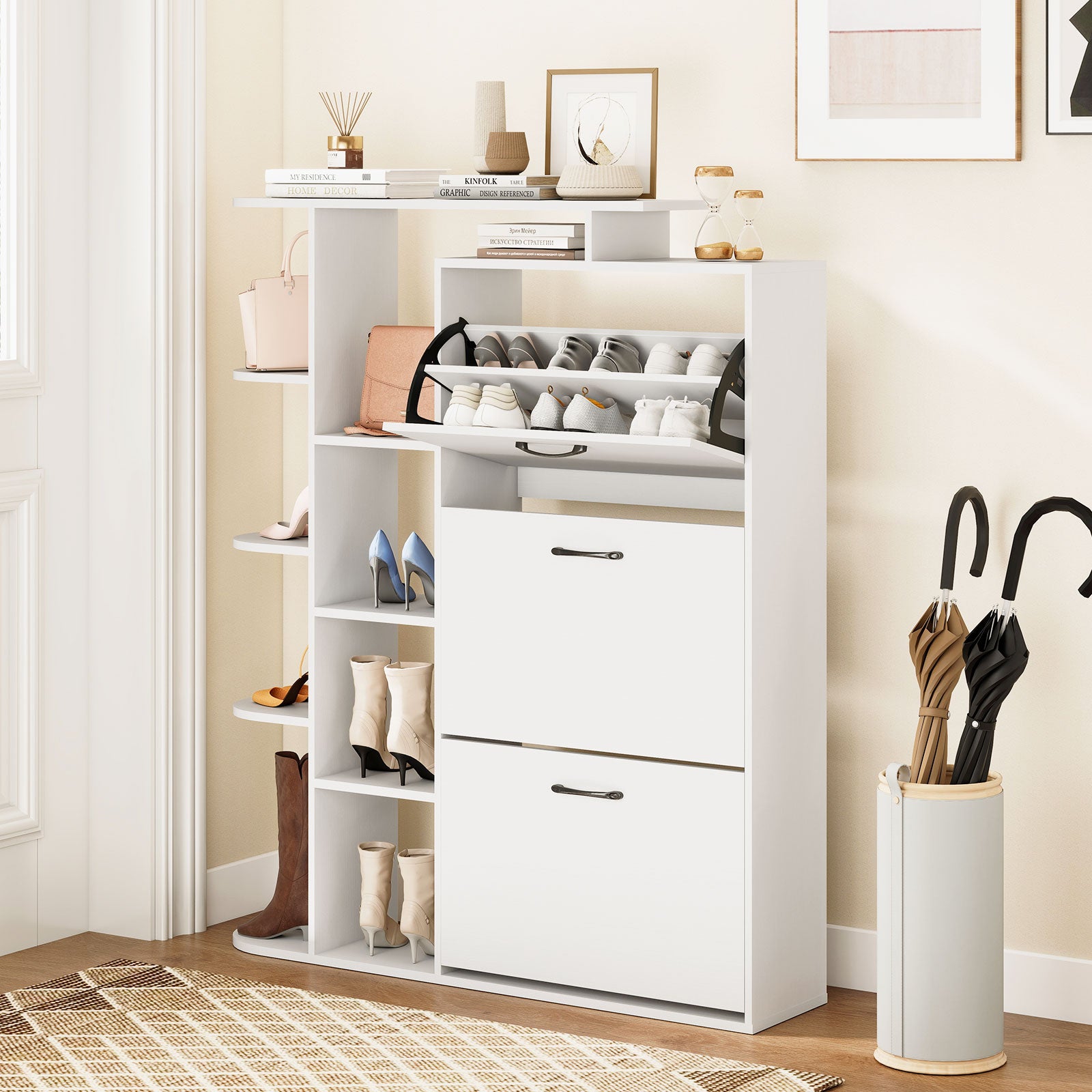 Shoe Cabinet with Open Shelves Modern Shoe Organizer with 3 Flip Drawers, White Shoe Racks & Storage Benches at Gallery Canada