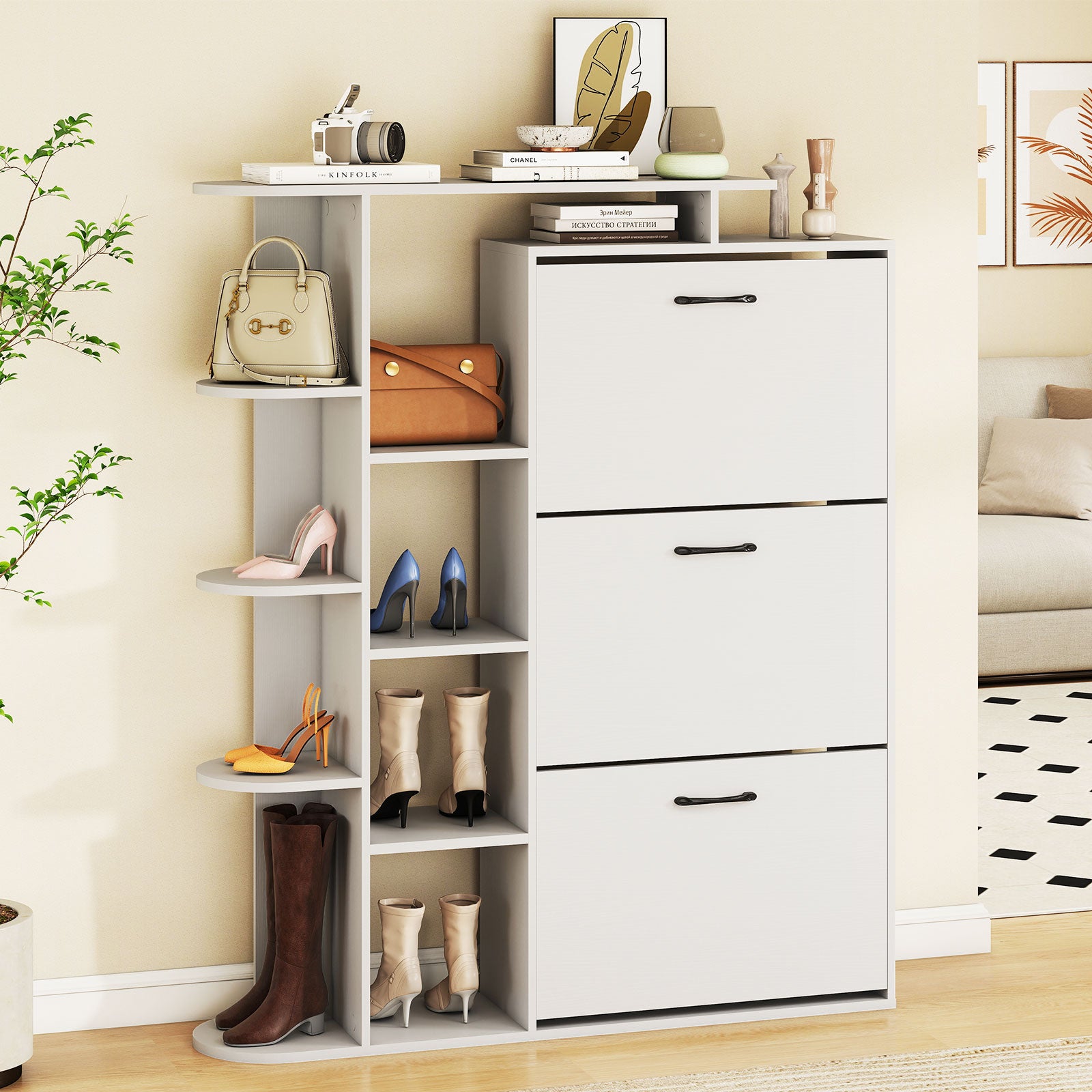 Shoe Cabinet with Open Shelves Modern Shoe Organizer with 3 Flip Drawers, White Shoe Racks & Storage Benches at Gallery Canada