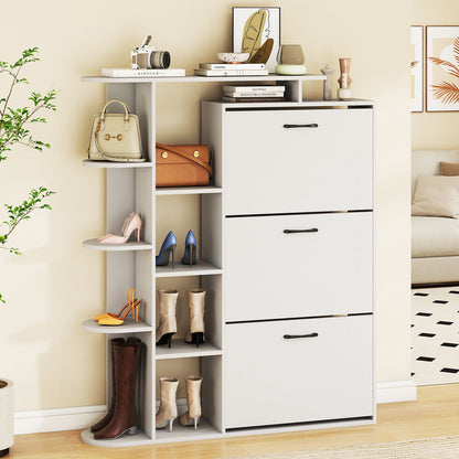 Shoe Cabinet with Open Shelves Modern Shoe Organizer with 3 Flip Drawers, White Shoe Racks & Storage Benches at Gallery Canada