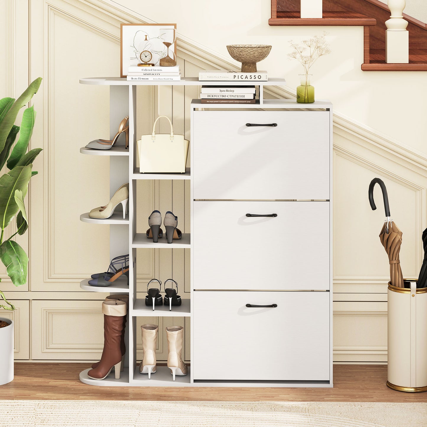 Shoe Cabinet with Open Shelves Modern Shoe Organizer with 3 Flip Drawers, White Shoe Racks & Storage Benches at Gallery Canada