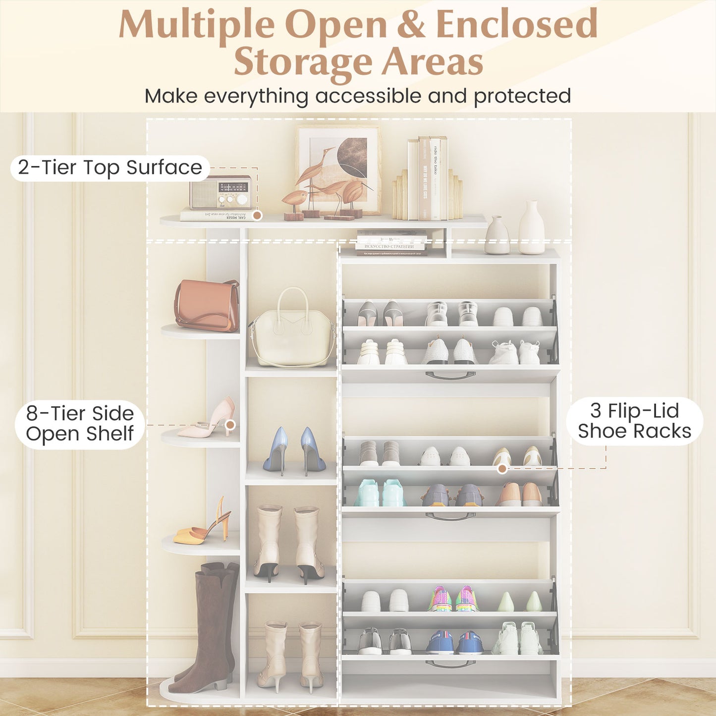 Shoe Cabinet with Open Shelves Modern Shoe Organizer with 3 Flip Drawers, White Shoe Racks & Storage Benches at Gallery Canada