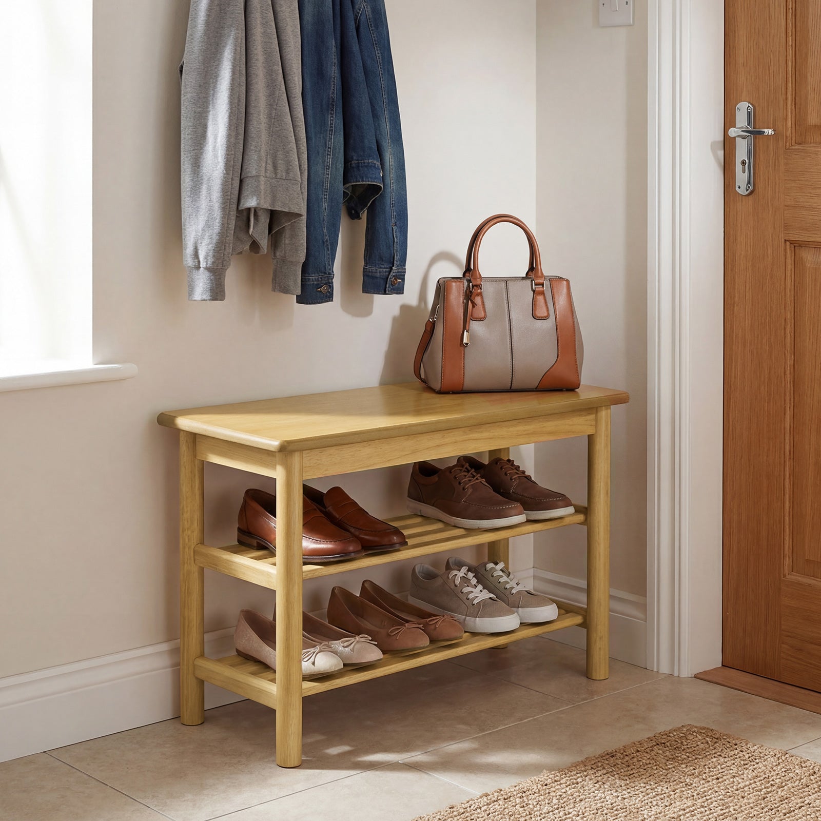 Shoe Rack Bench, 3-Tier Rubberwood, Natural Shoe Racks & Storage Benches at Gallery Canada