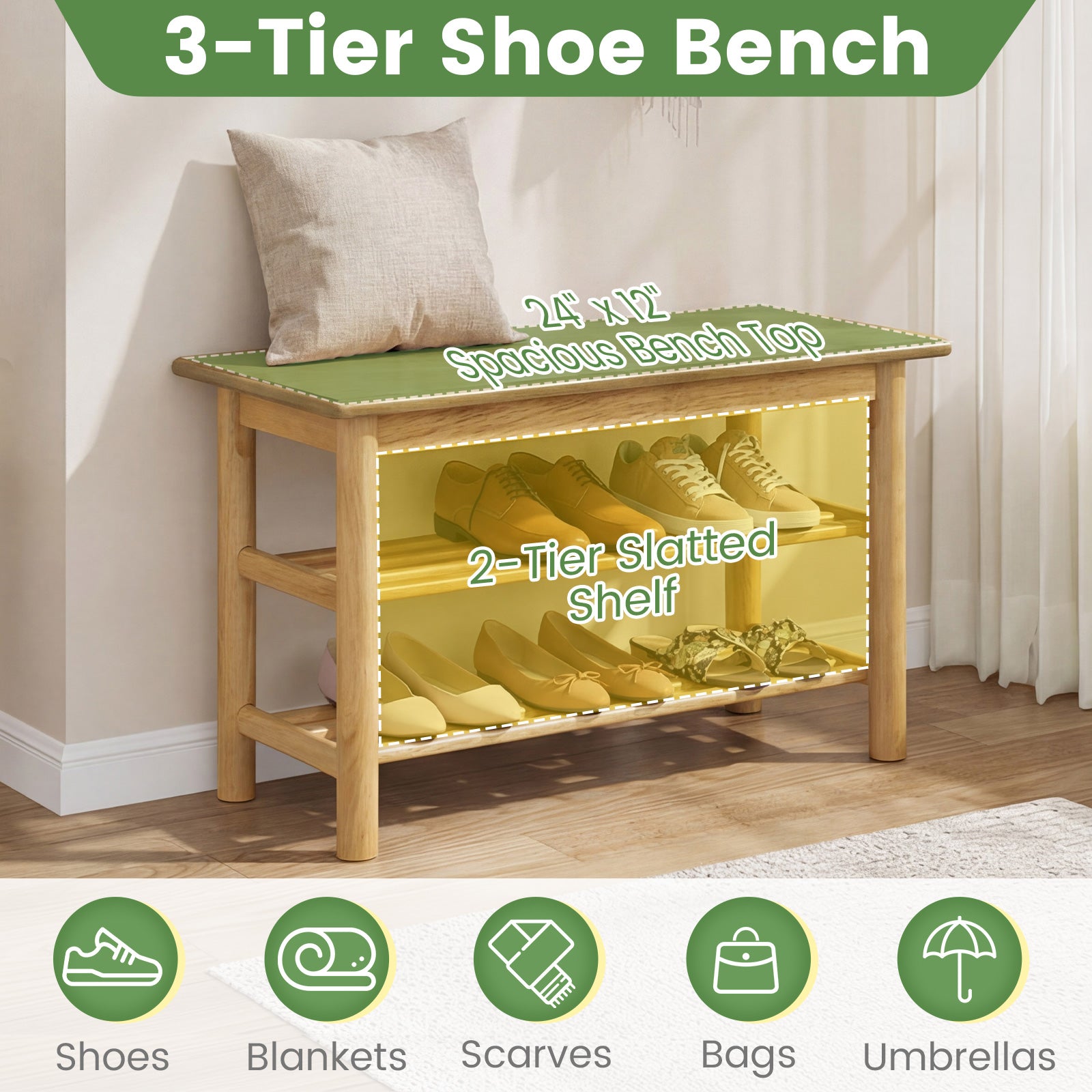 Shoe Rack Bench, 3-Tier Rubberwood, Natural Shoe Racks & Storage Benches at Gallery Canada