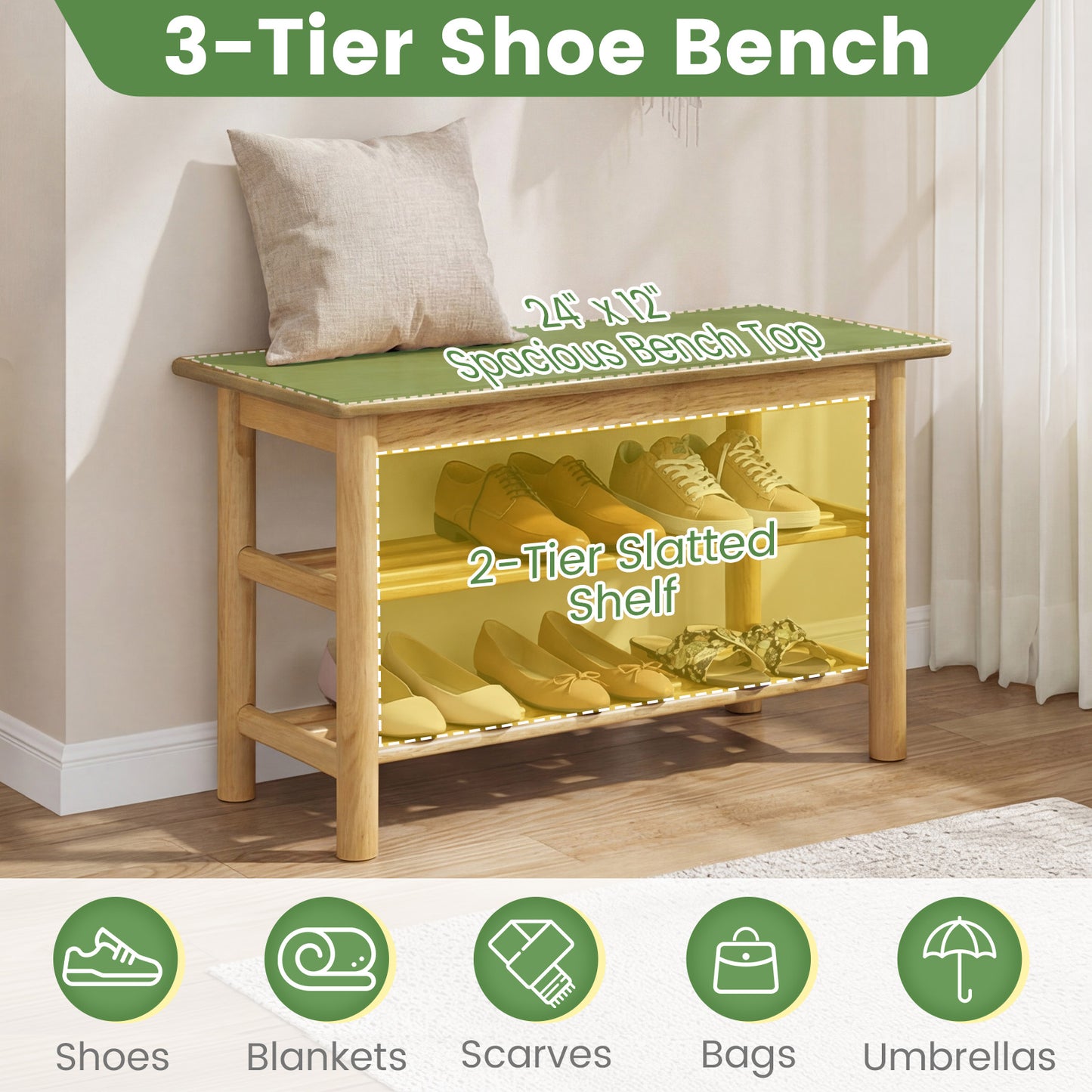 Shoe Rack Bench, 3-Tier Rubberwood, Natural Shoe Racks & Storage Benches at Gallery Canada