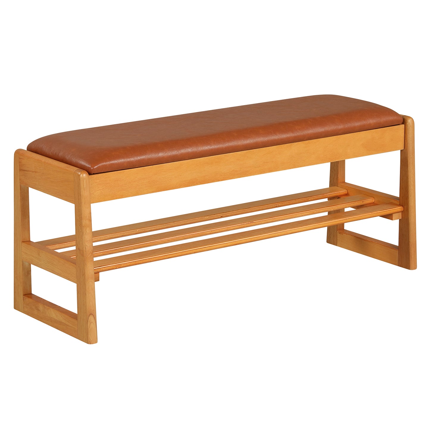 Shoe Rack Bench with Storage 2-Tier Rubberwood Entryway Bench with Flip-Open Storage, Brown