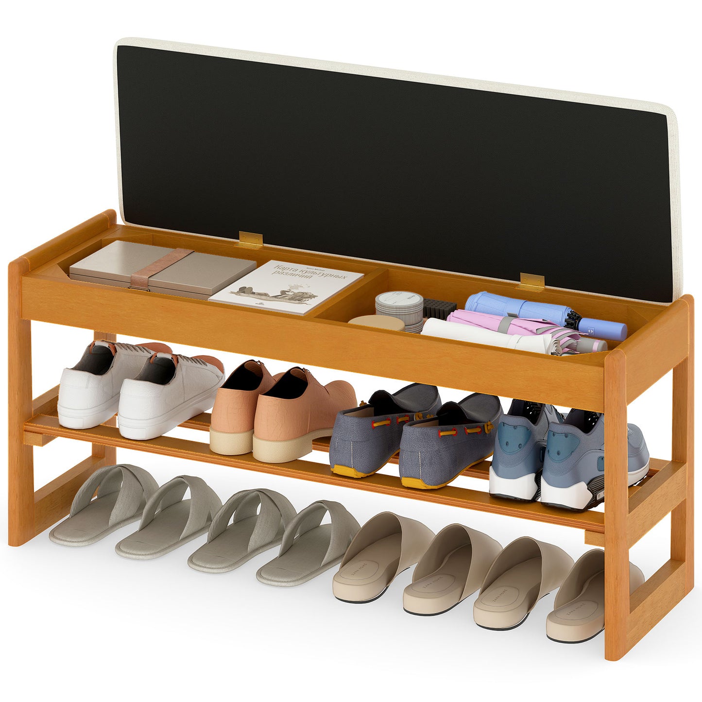 Shoe Rack Bench With Storage 2-Tier Rubberwood, Beige Shoe Racks & Storage Benches at Gallery Canada