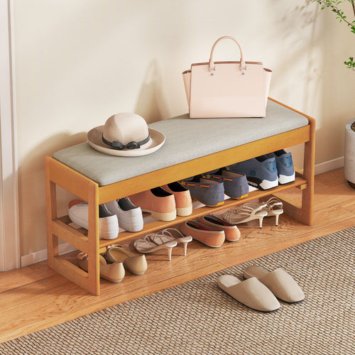 Shoe Rack Bench With Storage 2-Tier Rubberwood, Beige