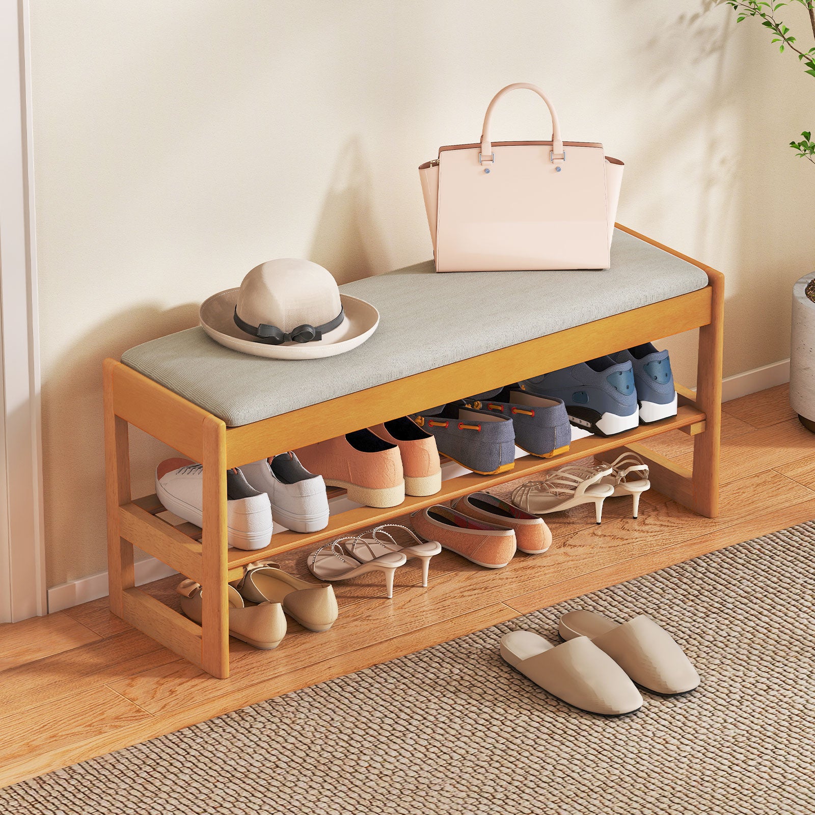 Shoe Rack Bench With Storage 2-Tier Rubberwood, Beige Shoe Racks & Storage Benches Beige at Gallery Canada