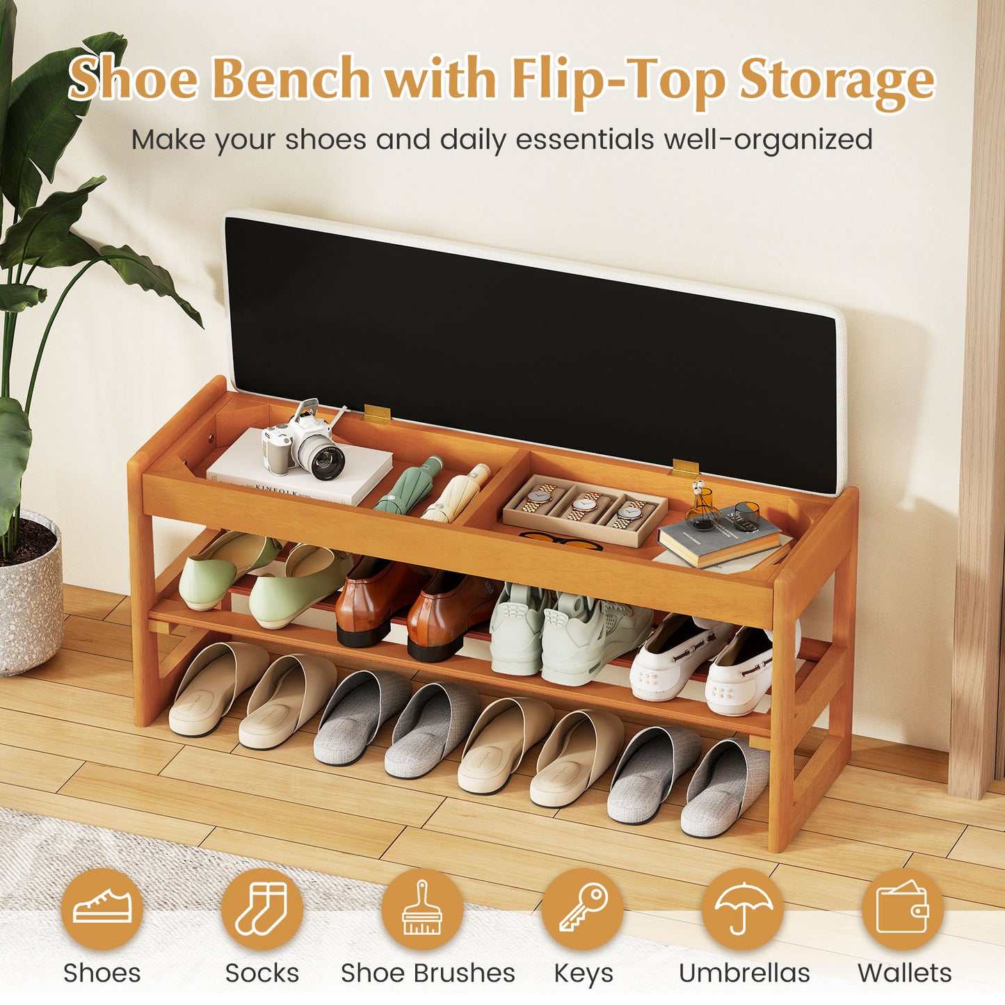 Shoe Rack Bench With Storage 2-Tier Rubberwood, Beige Shoe Racks & Storage Benches at Gallery Canada