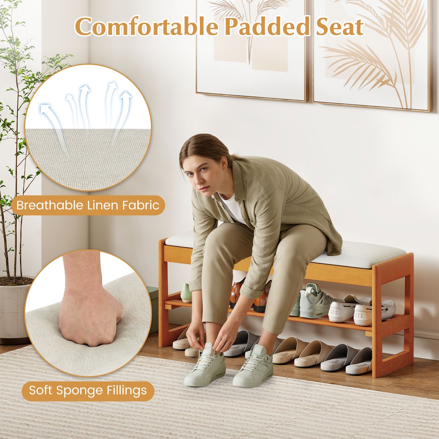 Shoe Rack Bench With Storage 2-Tier Rubberwood, Beige Shoe Racks & Storage Benches at Gallery Canada