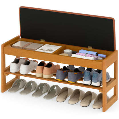 Shoe Rack Bench with Storage 2-Tier Rubberwood Entryway Bench with Flip-Open Storage, Brown Shoe Racks & Storage Benches at Gallery Canada