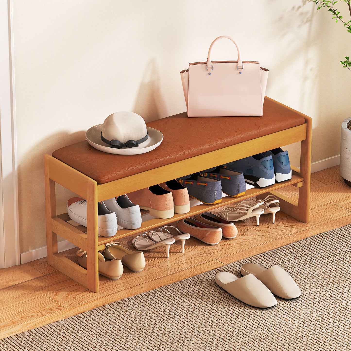 Shoe Rack Bench with Storage 2-Tier Rubberwood Entryway Bench with Flip-Open Storage, Brown Shoe Racks & Storage Benches Brown at Gallery Canada