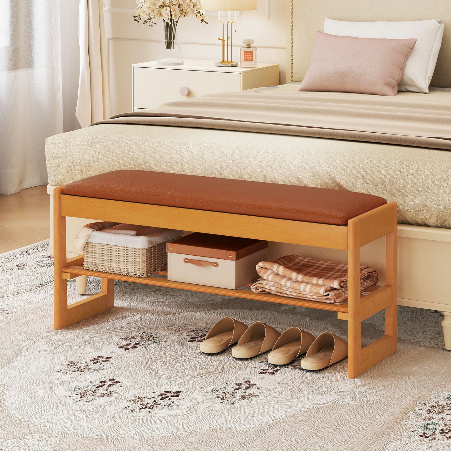 Shoe Rack Bench with Storage 2-Tier Rubberwood Entryway Bench with Flip-Open Storage, Brown Shoe Racks & Storage Benches at Gallery Canada