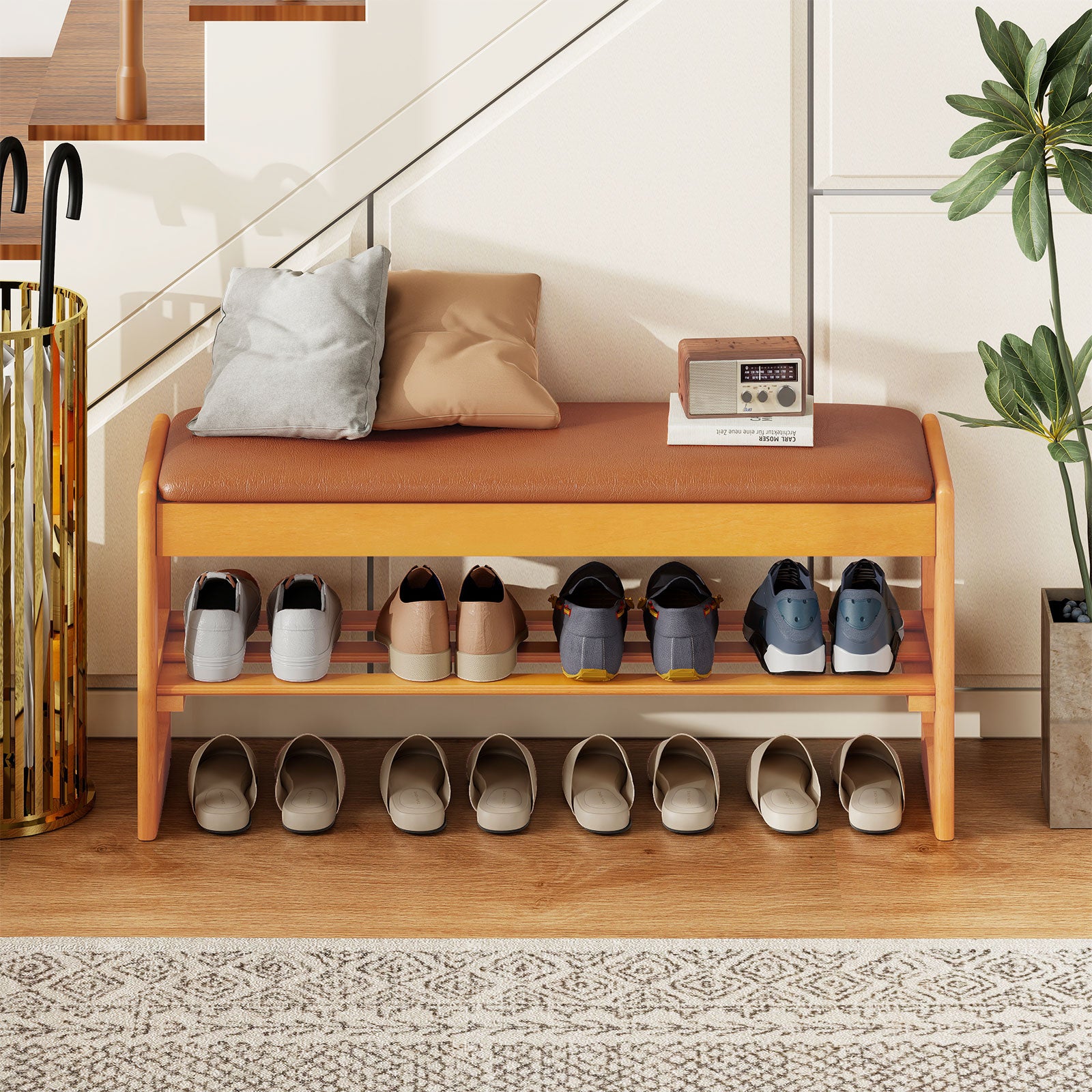 Shoe Rack Bench with Storage 2-Tier Rubberwood Entryway Bench with Flip-Open Storage, Brown Shoe Racks & Storage Benches at Gallery Canada