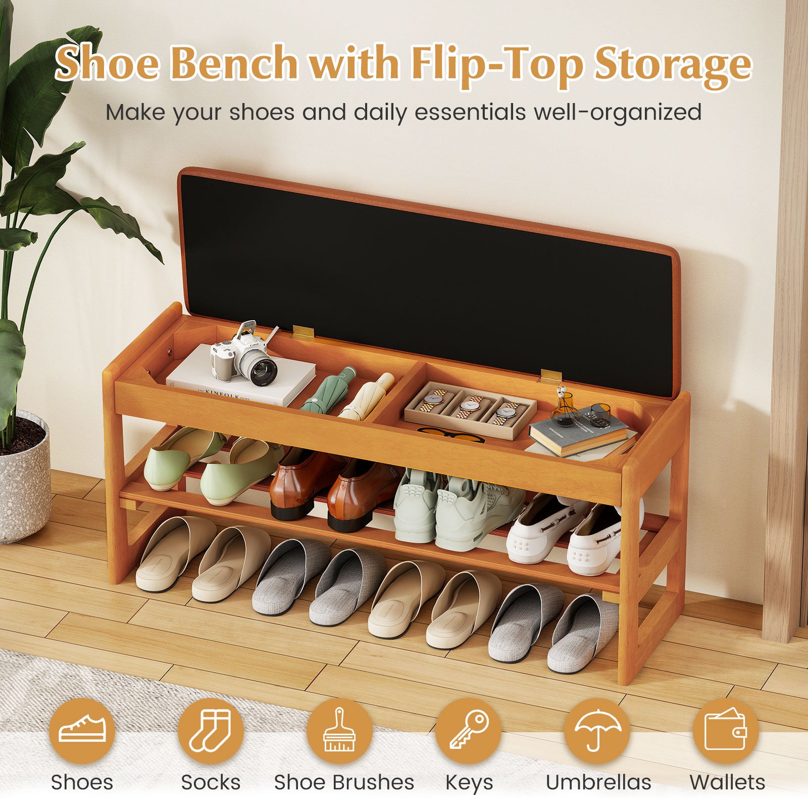 Shoe Rack Bench with Storage 2-Tier Rubberwood Entryway Bench with Flip-Open Storage, Brown Shoe Racks & Storage Benches at Gallery Canada