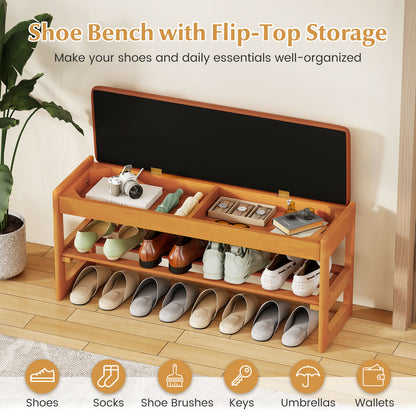 Shoe Rack Bench with Storage 2-Tier Rubberwood Entryway Bench with Flip-Open Storage, Brown Shoe Racks & Storage Benches at Gallery Canada